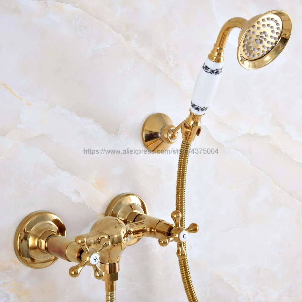 

Golden Bathroom Shower Faucet Mixer Tap With Hand Held Shower Head Set Double Handles Wall Mounted Bathroom Faucet Nna973