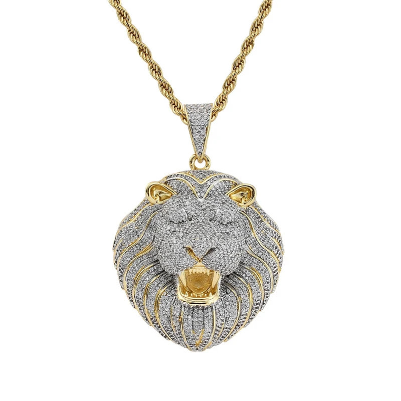 

Hip Hop AAA Cubic Zirconia Paved Bling Iced Out Male Lion Pendants Necklace for Men Rapper Jewelry Gold Color