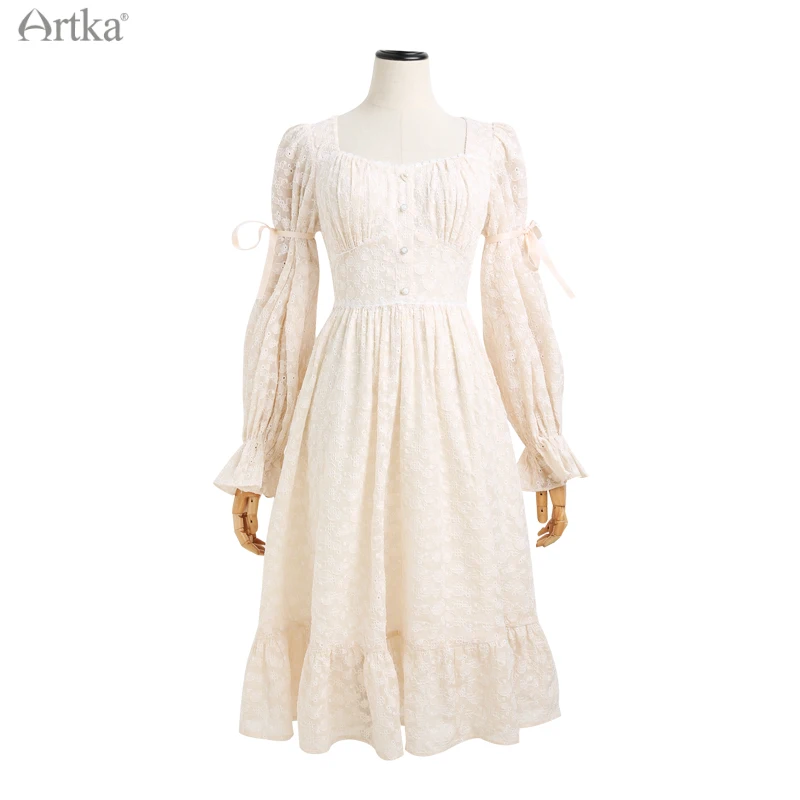 ARTKA 2021 Early Autumn New French Square Collar Embroidery Chiffon Dresses Long Puff Sleeve Ruffle Midi Dress Women LA22012Q