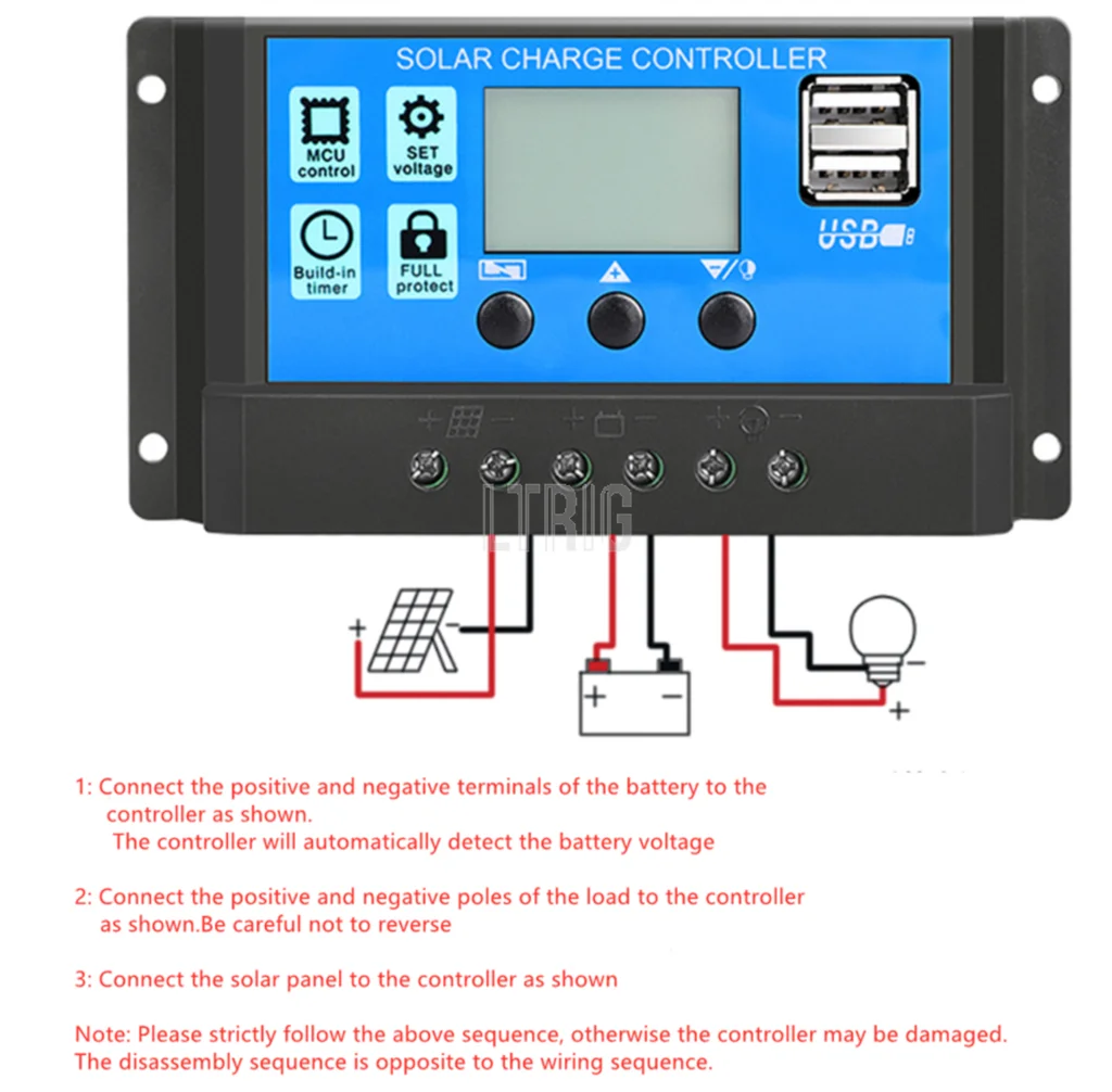 LTRIG custom 1Pcs 10A /20A/30A  12V 24V Auto Solar Charge Controller PWM Controllers LCD Dual USB 5V