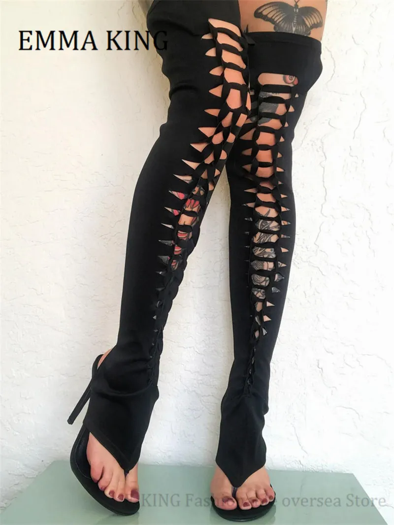 Black Lycra Thigh High Gladiator Sandals Women Long Strap Thigh High Flat Sandals Stretch Open Toe Over The Knee Boot For Women