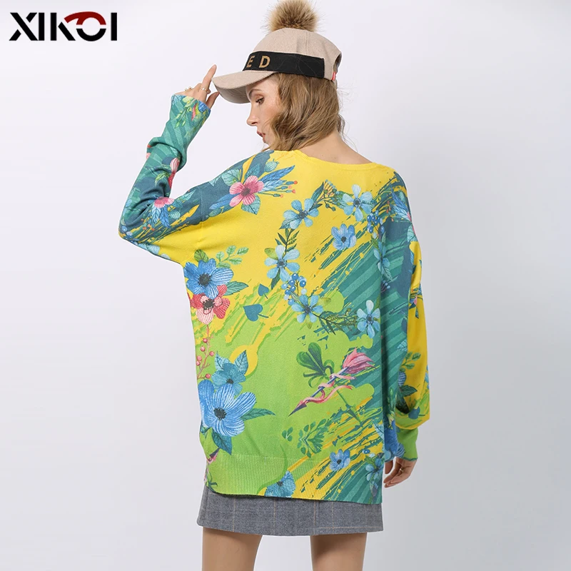 XIKOI Winter Flowers Print Sweater Women Pullovers Knitted O-Neck Jumper Women Oversized Warm Sweaters High Elastic Pull Femme