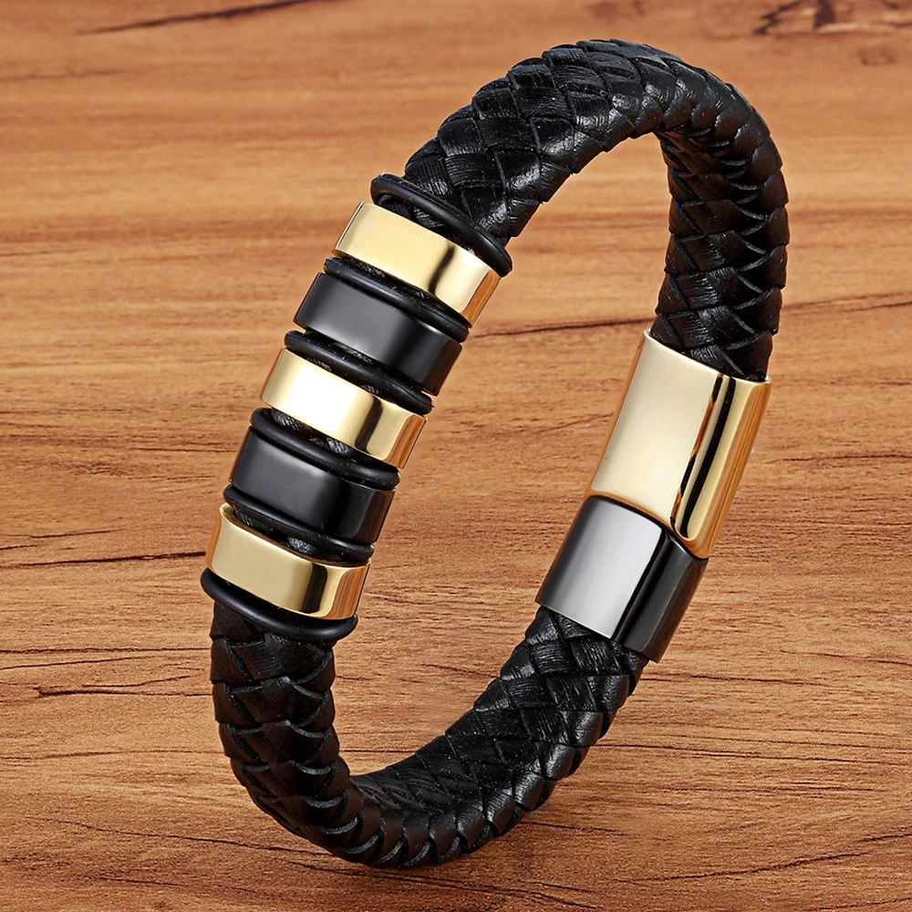 TYO Luxury Braided Rope Black Leather Stainless Steel Men\'s Bracelet High Quality Charm Magnetic Jewelry Accessories Wholesale