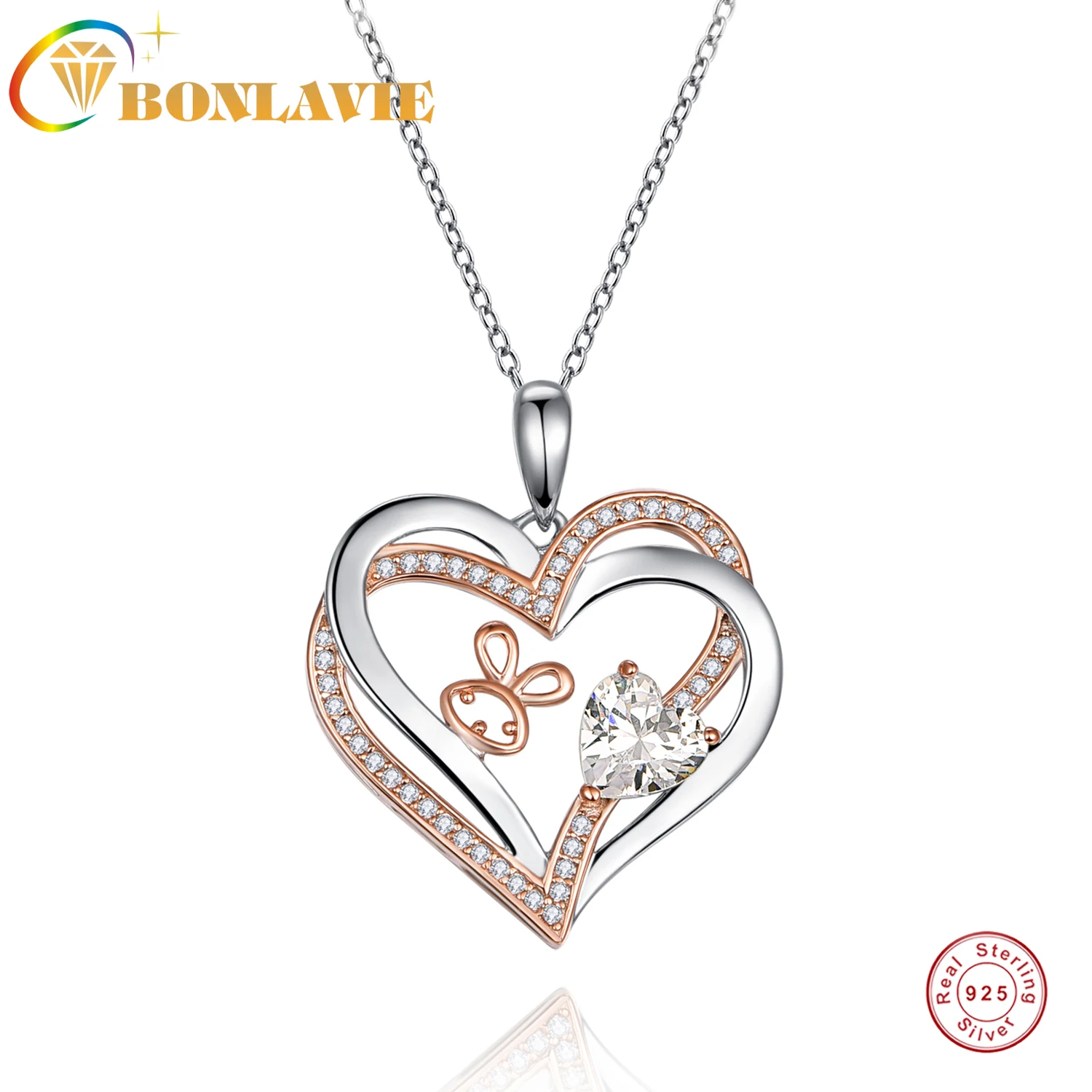 

BONLAVIE Sterling Silver Double Heart Overlapping Cartoon Rabbit with Zircon Pendant Necklace 925 Silver Jewelry