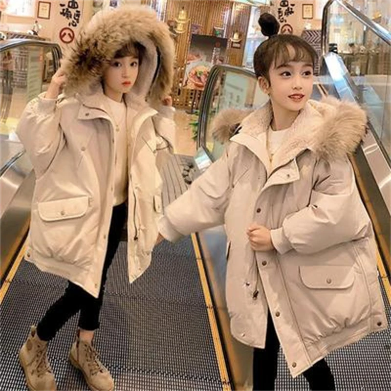 

Girls Boys Down Coat Jacket 2021 Fur Warm Plus Velvet Winter Autumn Cotton Tops Teenager Cardigan Kids Children's Clothes