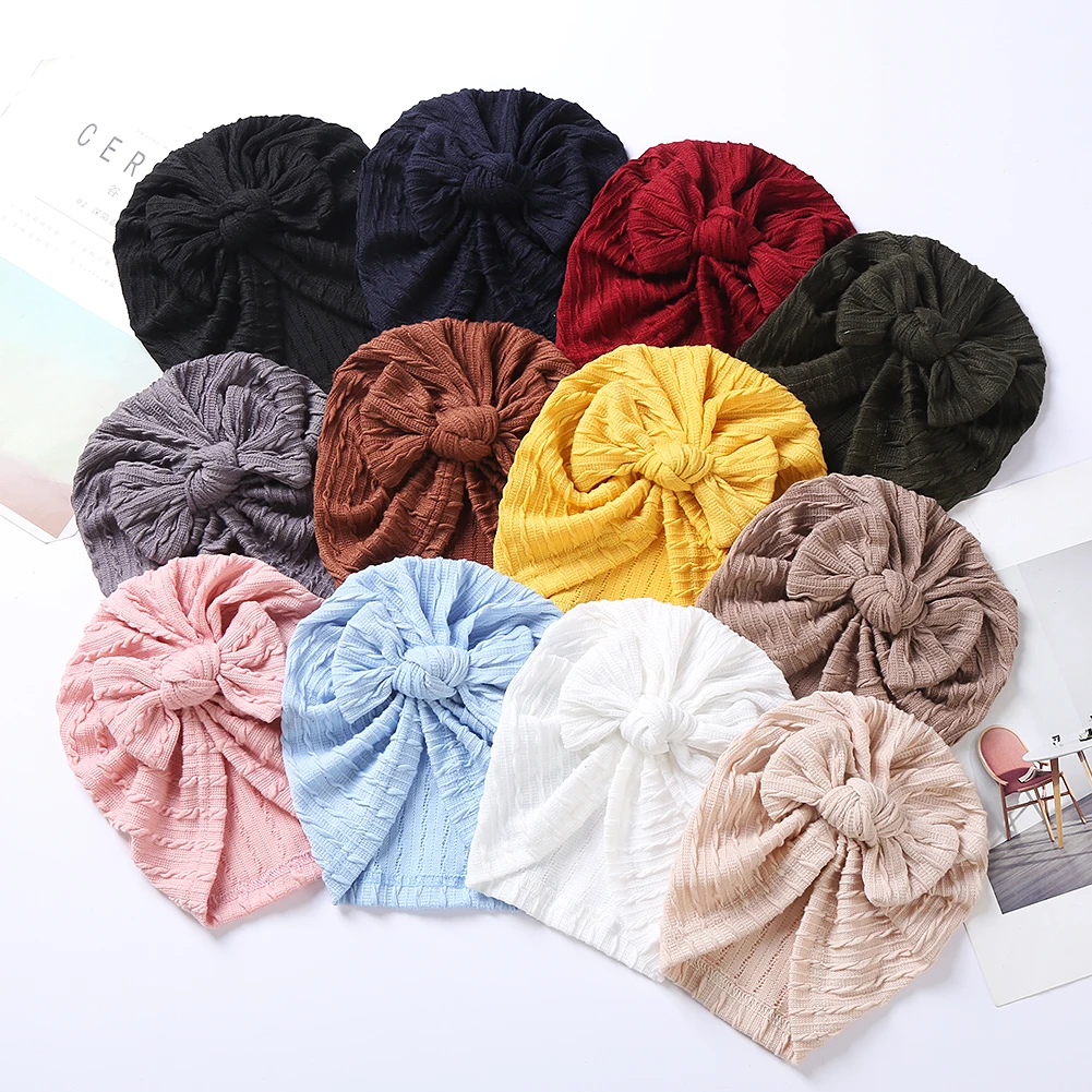 24pc/lot Waffle Knitted Knotbow Turban Babes Hat For Kid Girls Boys Beanie Caps Toddler Head wraps Hat Baby Ribbed Bows Headband