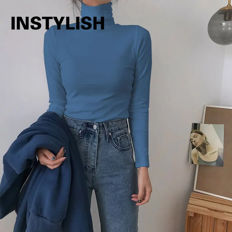 Kaus Turtleneck Lengan Panjang Elegan Wanita Kaus Mode Korea Sweater Rajutan Bawah Lengan Panjang Harajuku Antik Musim Gugur