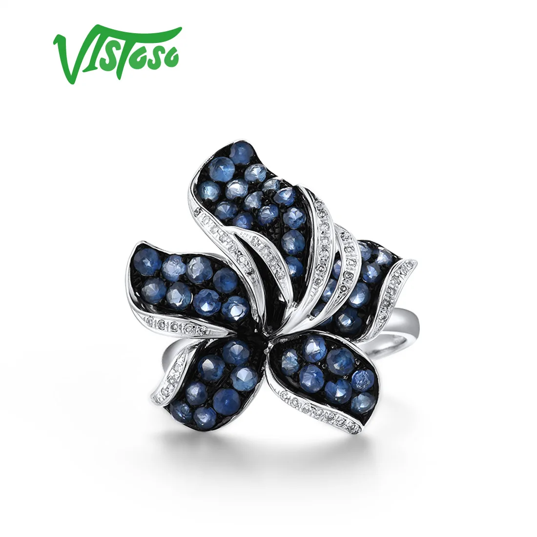 VISTOSO Pure 14K 585 White Gold Ring For Women shining Diamond Blue Sapphire Flower Ring Wedding Engagement Elegant Fine Jewelry