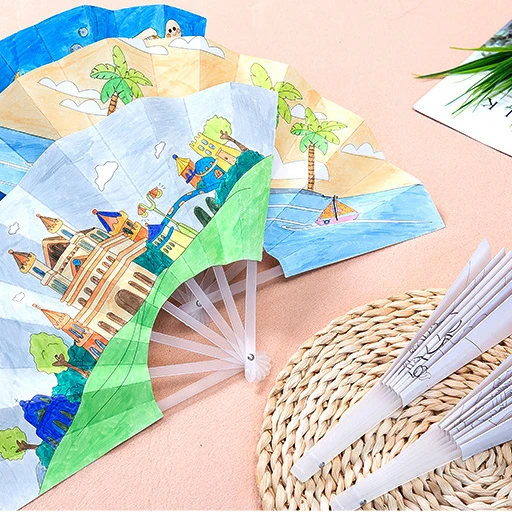 21cm Summer Blank paper fan DIY Painting Toys For Children Cartoon Animal Color Graffiti Origami Fan Art Craft Drawing Toy