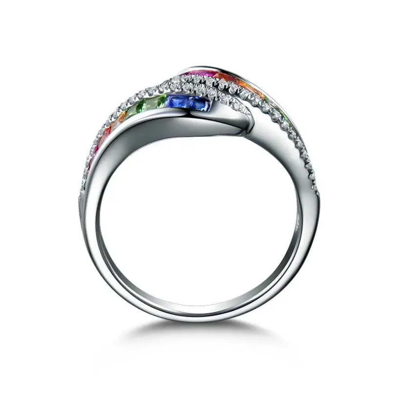 Milangirl New Trendy Ladies White  Filled Multicolor Rainbow AAA Zircon Elegant Ring Wedding Engagement Rings Jewelry image 4