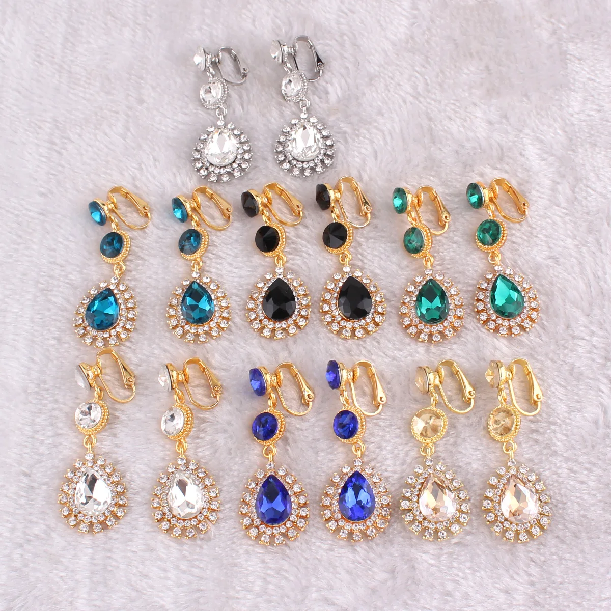 WENHQ 12 Colors High-grade Rhinestone Crystal Tear Drop Shape Clip on Earrings No Pierced for Women Wedding No Hole Ear Clip New