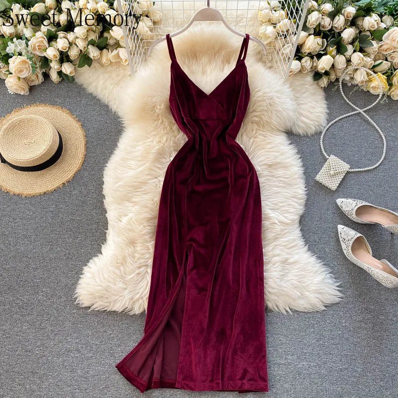 F240 Sweet Memory Eleagant Women Black Burgandy Velour Evening Dresses 2021 Sexy Robe Party Dress Summer Sleeveless Vestidos