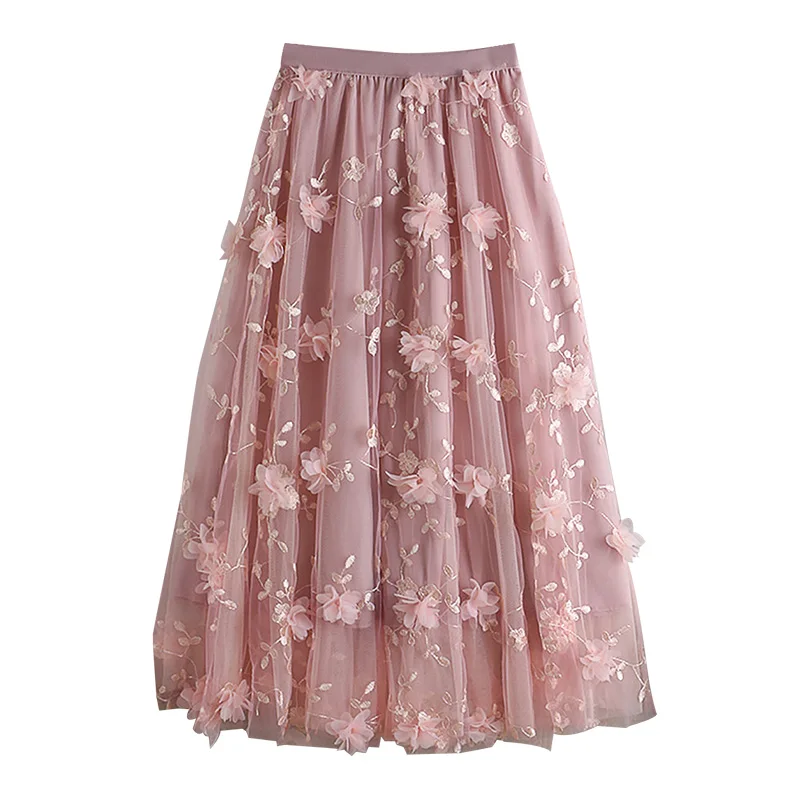 Women Flower 3D Embroidery Long Skirt Double Mesh Large Swing Princess Fairy Skirts High Waist A-Line Pleated Jupe Faldas Largas