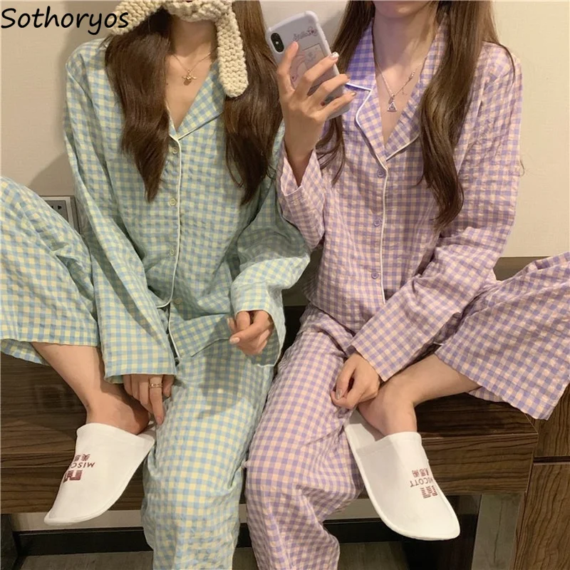 

Plaid Sweet Simple Pajama Sets Women Long Sleeve Nightwear Single Breasted Outfit Straight Elastic Waist All-match Korean Nighty