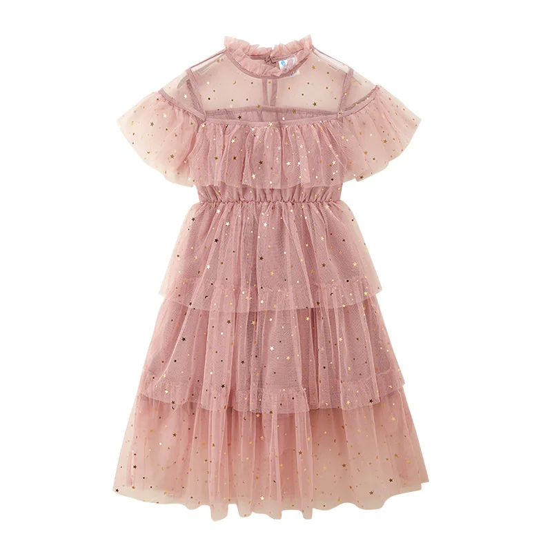 Vestidos de malla para niñas, traje de princesa de estrella coreana, manga corta, fiesta de cumpleaños, 6, 8, 10 y 12 años
