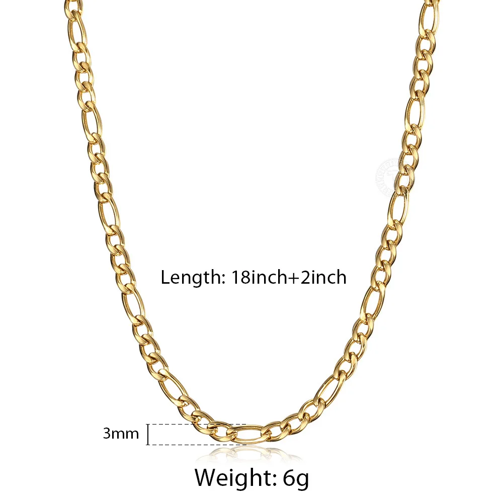 Fashion 3mm Stainless Steel Necklace Choker for Men Women Figaro Link Chain Gold Color Simple Jewelry Accessories KN647