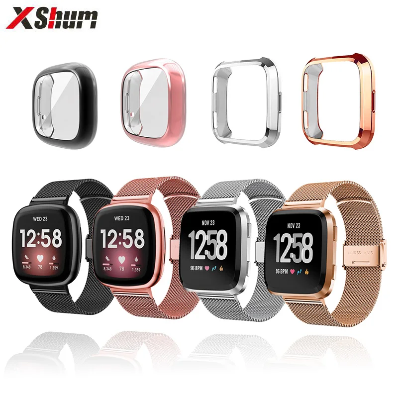 Fitbit Versa 2 3 Sense Lite พร้อม TPU Case Protector สำหรับ Versa สายคล้องโลหะสำหรับ Versa นาฬิกาอุปกรณ์เสริม
