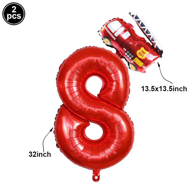Das Feuer-Party-Dekor-Set enthält einen Zahlen-Folienballon und einen Mini-Feuerwehrauto-Ballon. Feuerwehrmann-Geburtstagsballon für eine Rettungs-Mottoparty – Detail 3