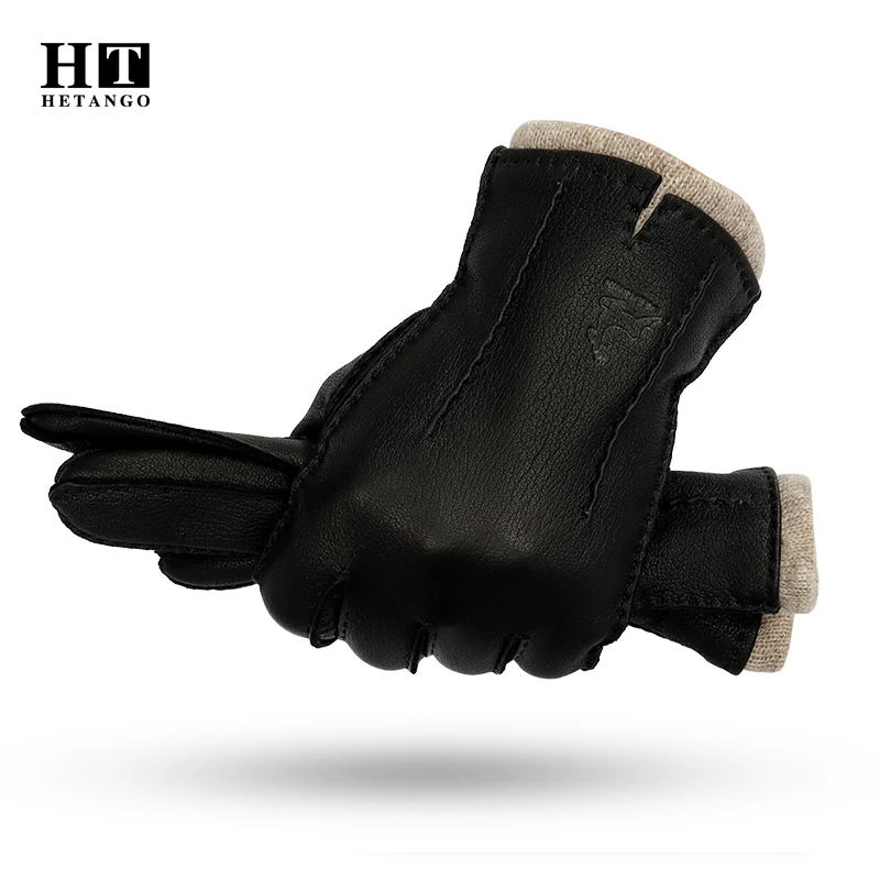 New Winter Men\'s Leather Gloves High-Grade Deerskin Hand-Sewn Warm Wear-Resistant Wave Pattern Cold-Proof Mitten 70% Wool Lining