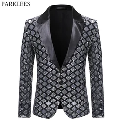 Prata lantejoulas xadrez blazer jaqueta masculina 2023 moda magro caber um botão vestido terno blazer masculino festa de casamento palco traje homme