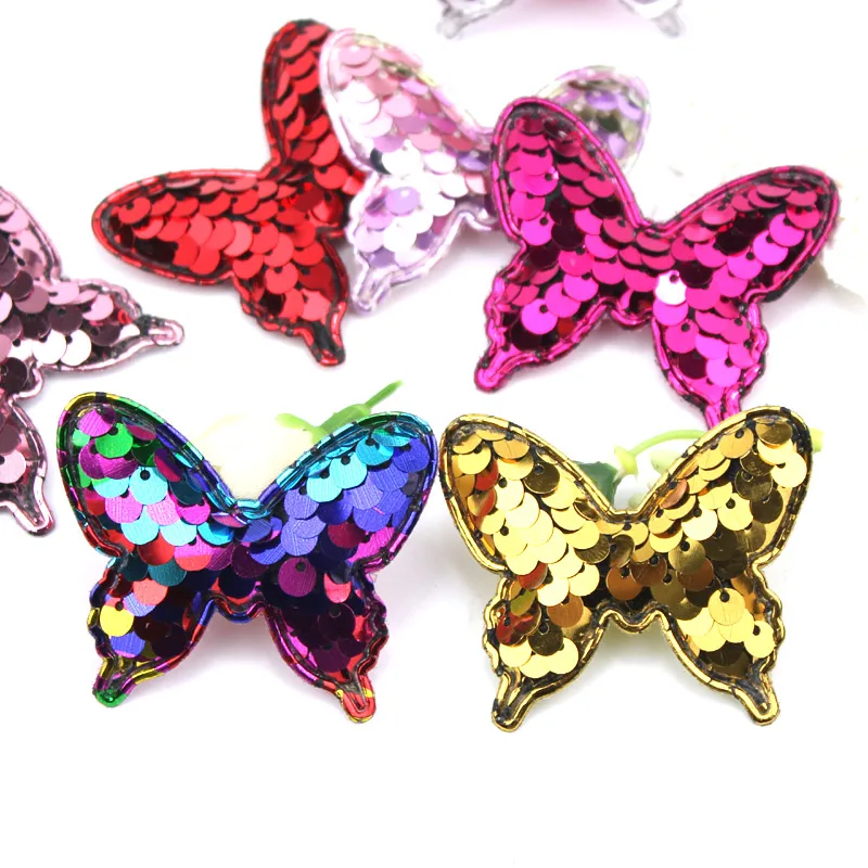 32Pcs 4.5*5cm Glitter sequins butterfly Padded Appliques for children's crafts headwear Hair Clip Stick on Accessories