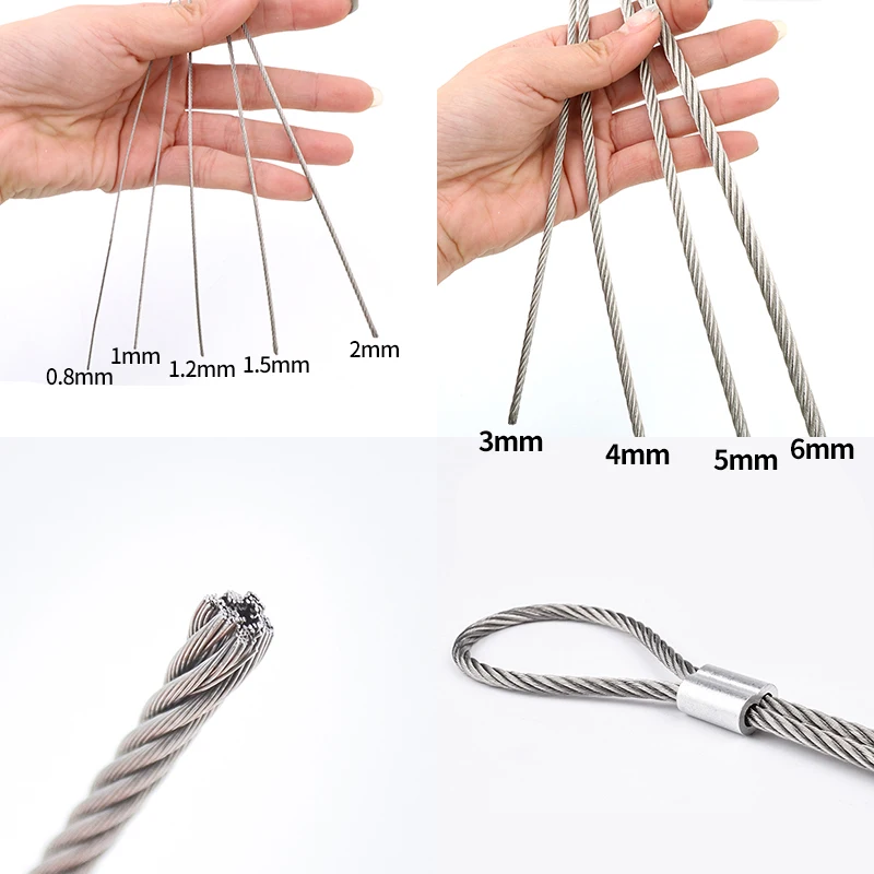 Corda de fio de aço inoxidável, 304 m/10m, levantamento de pesca macio, cabo de 1/8 pol. 7x19 varal de roupas, diâmetro 3mm/4mm