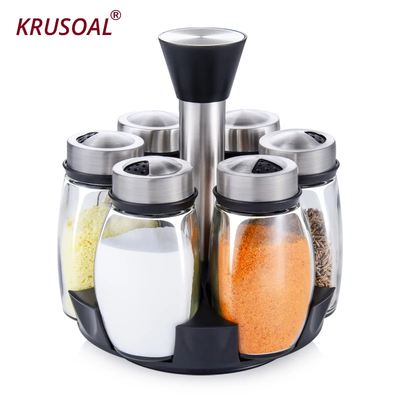 Rotating Glass Spice Jar Salt Holder Box Shaker For Spices Cans Container Pepper Spray Kitchen Seasoning Powder Storage Bottle