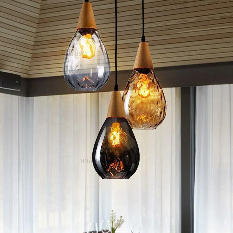 WaterDrop Pendant Lamp Clear Smoke Amber Aquatex Glass Suspension Light Hall Living Room Wood Hanging Ceiling Chandelier