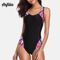 Anfilia One Piece Women Sports Swimwear Sports Swimsuit Patchwork Competition Swimwear Backless Beachwear Bathing Suits Fitness