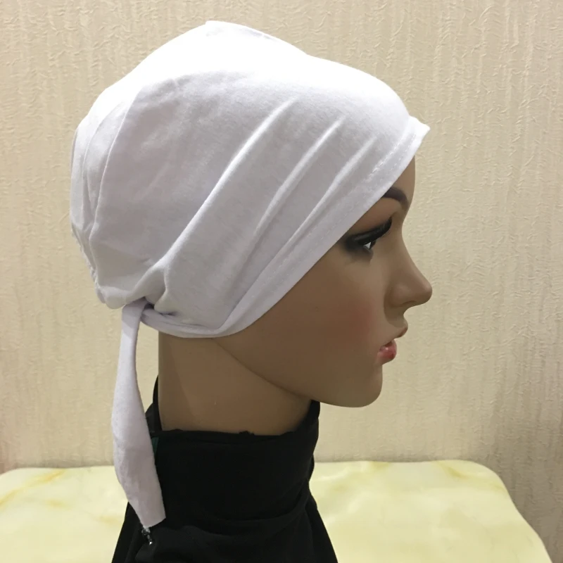 H048 Plain Cotton Tie Back Hats Muslim Turban Pure Color Stretch Inner Hijabs Underscarf Women Head Scarf Under Hijab Bonnet