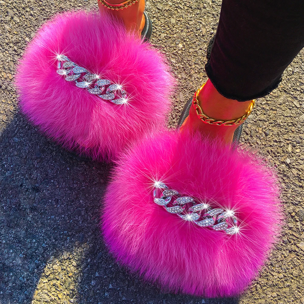 Real Fox Fur Slides Women Fluffy Slippers Ladies Summer Diamond Chain Flip Flops Beach Shoes Indoor Furry Slippers With Fur 2021