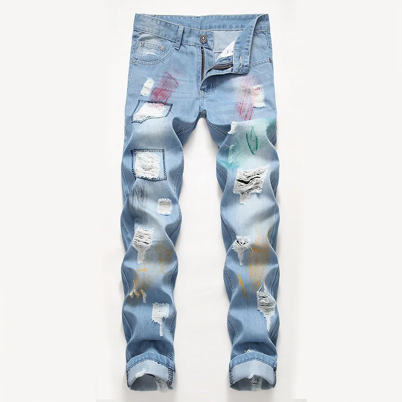 

High Quality Men's Summer Casual Jeans Male Hip Hop Light Color Blue Trousers Streetwear Holes Ripped Stretch Denim Skinny Pants