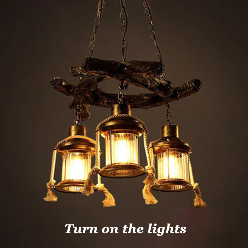 Loft Country Retro Industrial Dining Room Chandelier Light Kitchen Table Lamp Creative Nostalgic Resin Hemp Rope Pendant Lamp