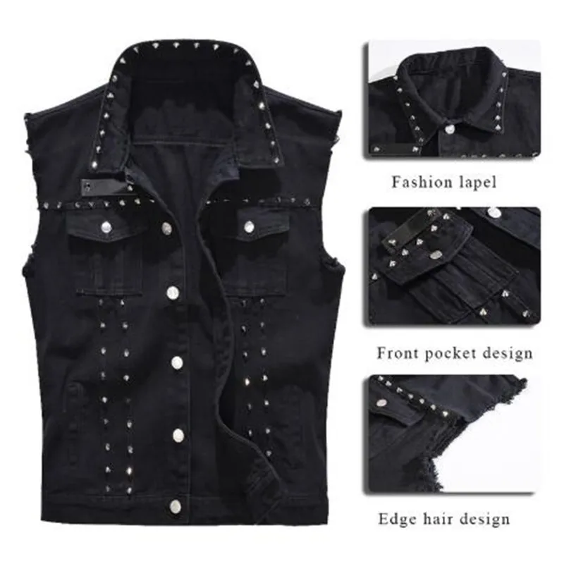 New 2022 Denim Vest Men Punk Rock Rivet Cowboy Black Jeans Waistcoat Fashion Men Motorcycle Style Sleeveless Jeans Jacket M-6XL