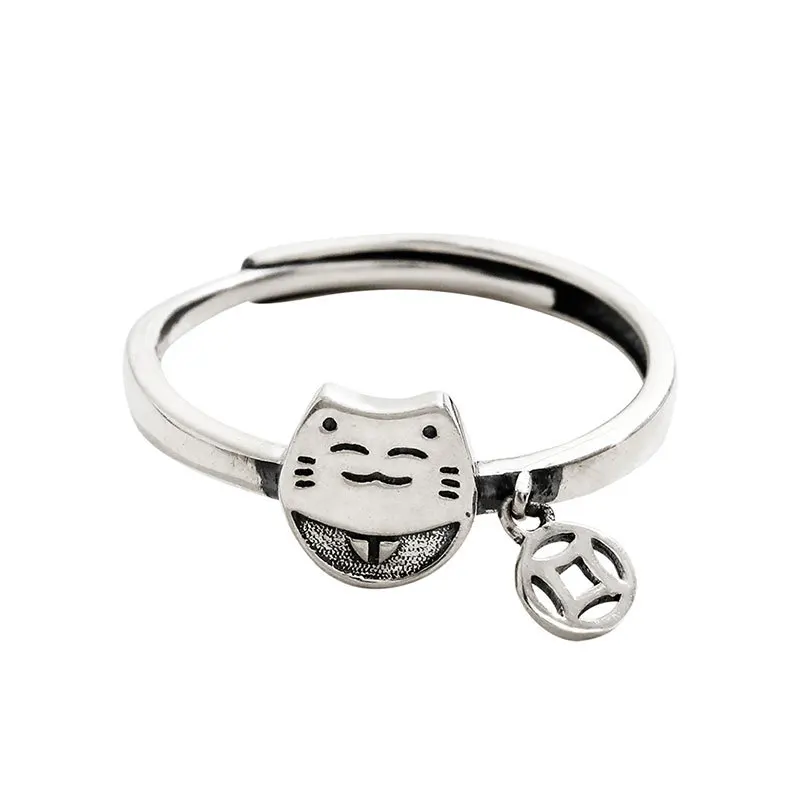 S925 Sterling Silver Ring for Women Fashion Fortune Cat Chinese Style Exquisite Adjustable Opening Jewelry Accessories Wholesale