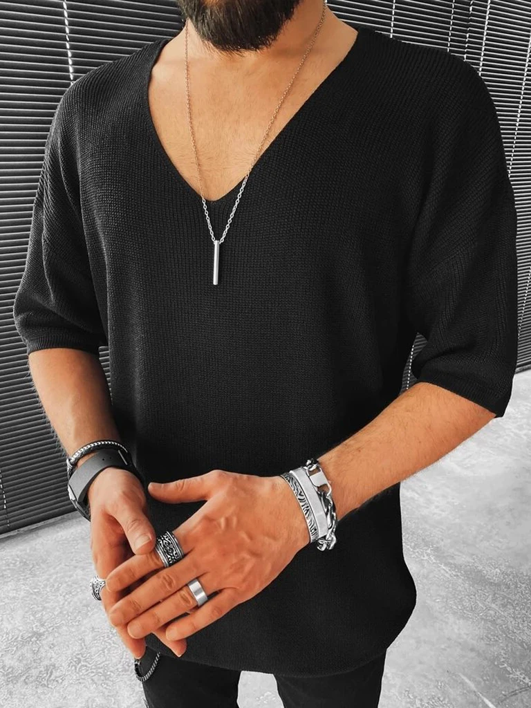 Autumn New Casual Knitted Sweater For Men Half Sleeve V-Neck Solid Jumpers Tops Fashion Slim Fit Sweaters Mens Streetwear