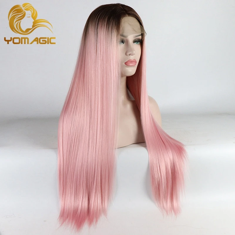 Yomagic Silk Straight Lace Front Wigs for Women Bright Pink Synthetic Hair Lace Wigs with Natural Hairline Cosplay Wigs