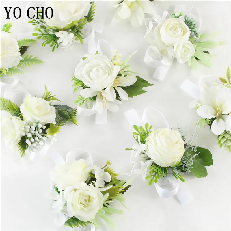 YO CHO Boutonniere Groomsman Wedding Silk Roses white Bridesmaid wrist Bracelets Flowers Buttonhole Wedding Accessories