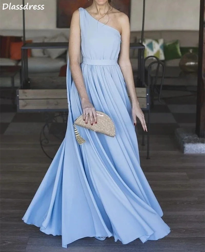 Chiffon Evening Dress Blue Simple Elegant For Wedding A-lne One Shoulder Sleeveless Floor Length Prom Dress платья знаменитостей