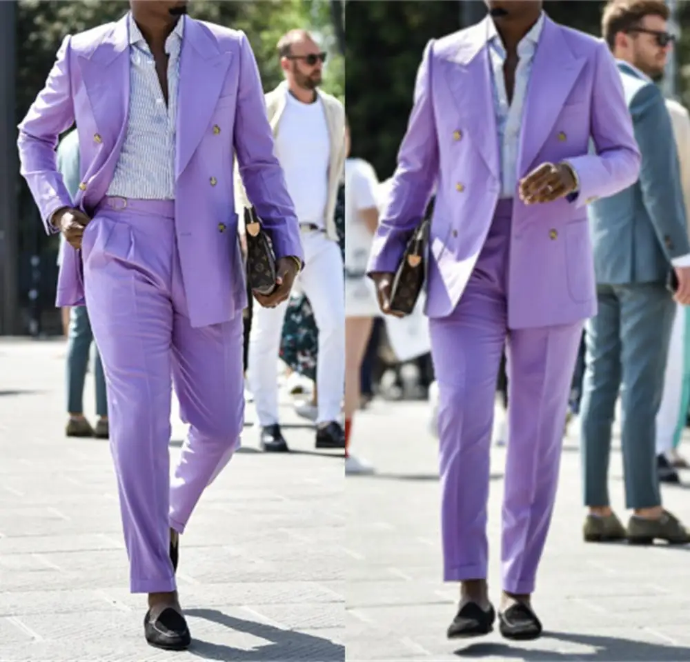 Double Breasted Purple Wedding Tuxedos Fashion Slim Fit Mens Suits Groom Wear For Wedding Party Formal Prom Blazer (Jacket+Pants