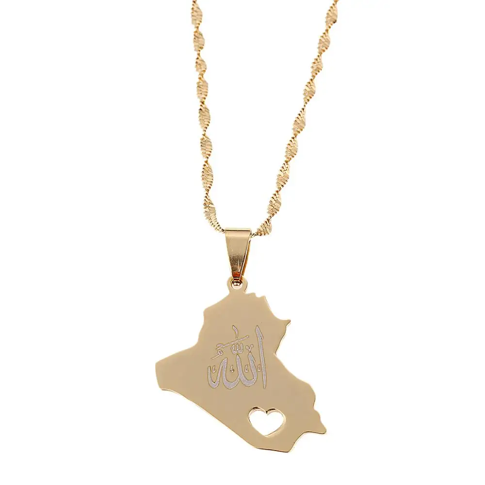 Stainless Steel Republic Of Iraq Map Pendant Necklace Gold Color Allah Heart Map Chain  Jewelry