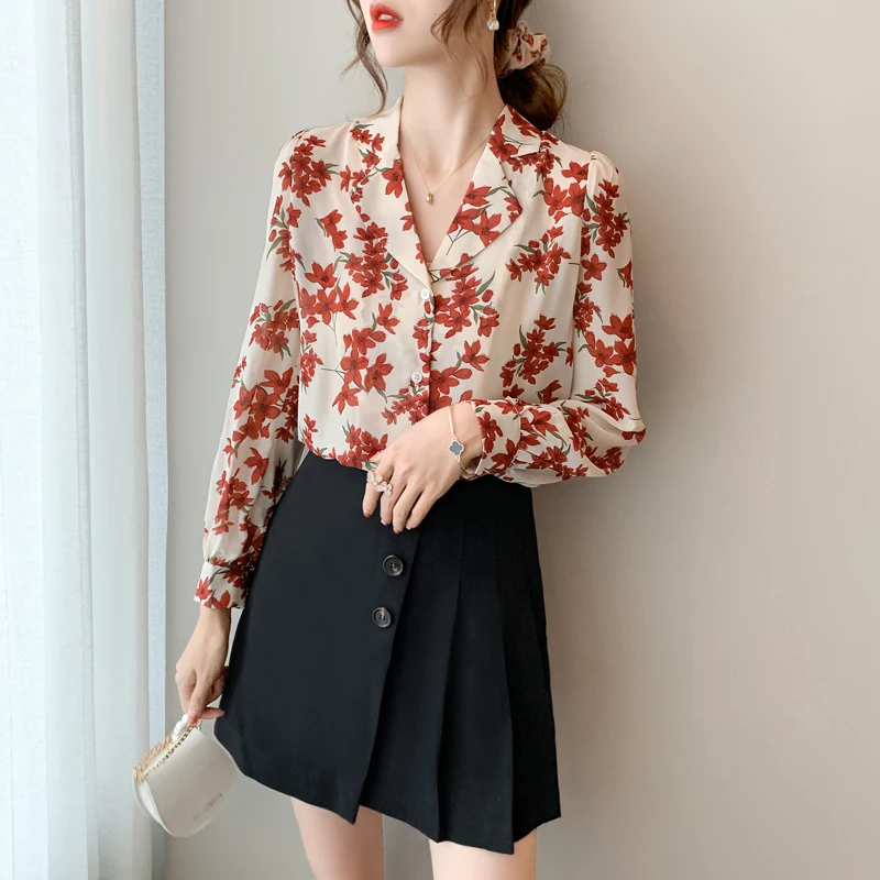 2020 Musim Gugur Cardigan Kemeja Kerah Kemeja Lengan Panjang Fashion Longgar Chiffon Kemeja Atas Blus Floral Bunga Atasan