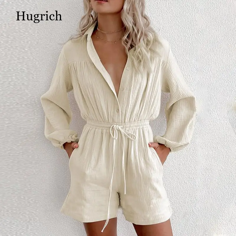 

Summer Casual Cotton Linen Jumpsuit Outwear Women's Lace-Up Romper Short Overalls Long Sleeve Pockets Lapel Loose Playsuits