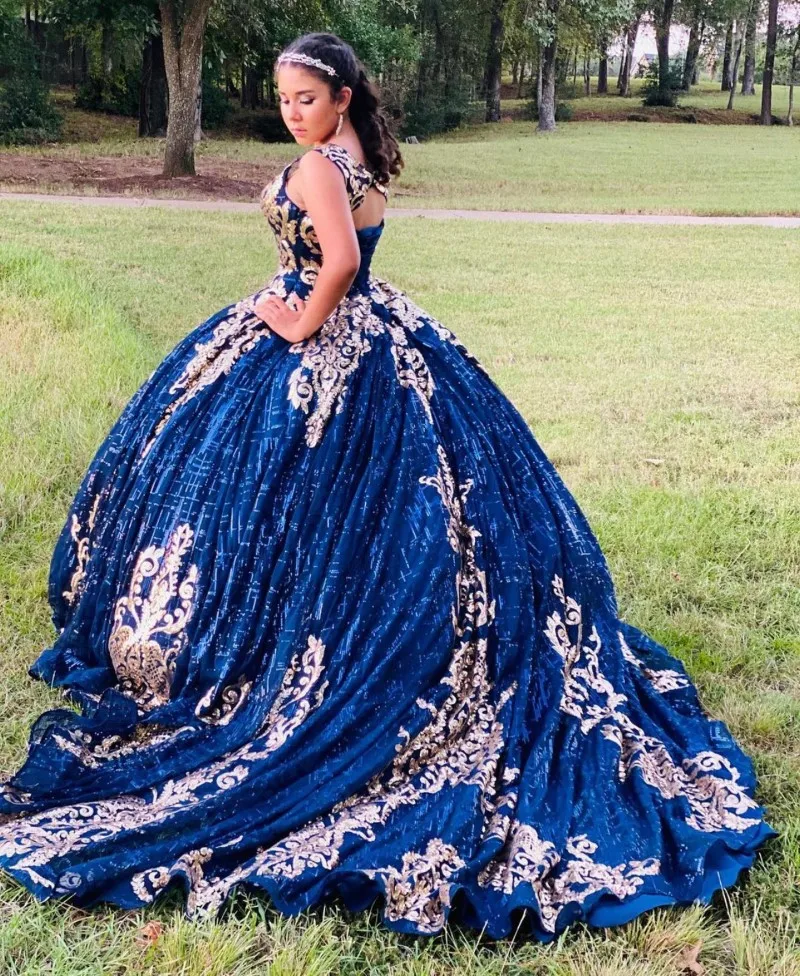 Navy Blau vestidos de xv 15 años Pailletten Abendkleider Korsett Zurück Ballkleid Prom Süße 16 Kleid robe de princesse fille