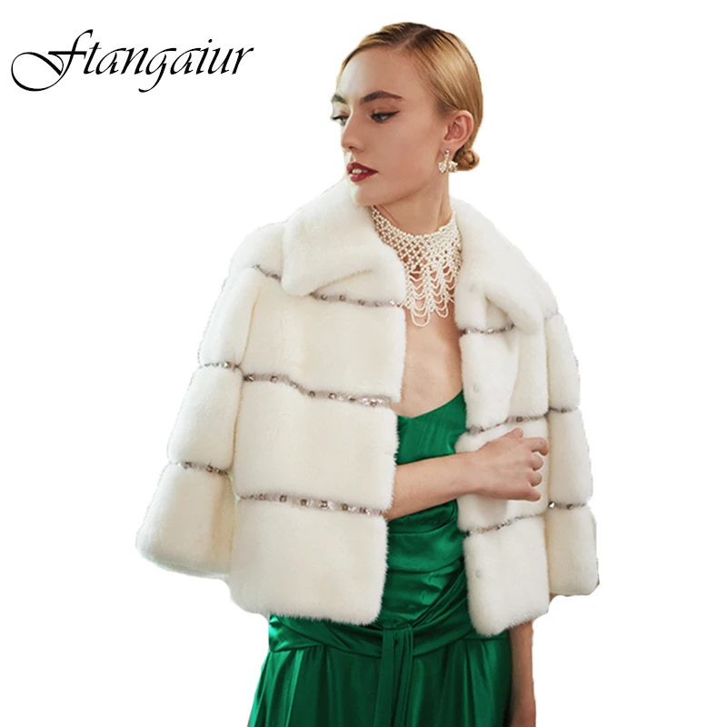Ftangaiur Winter Import Purple standard Velvet Mink Fur Coat Women Turn-Down Collar Three Quarter Sleeve Real Mink Fur Coats