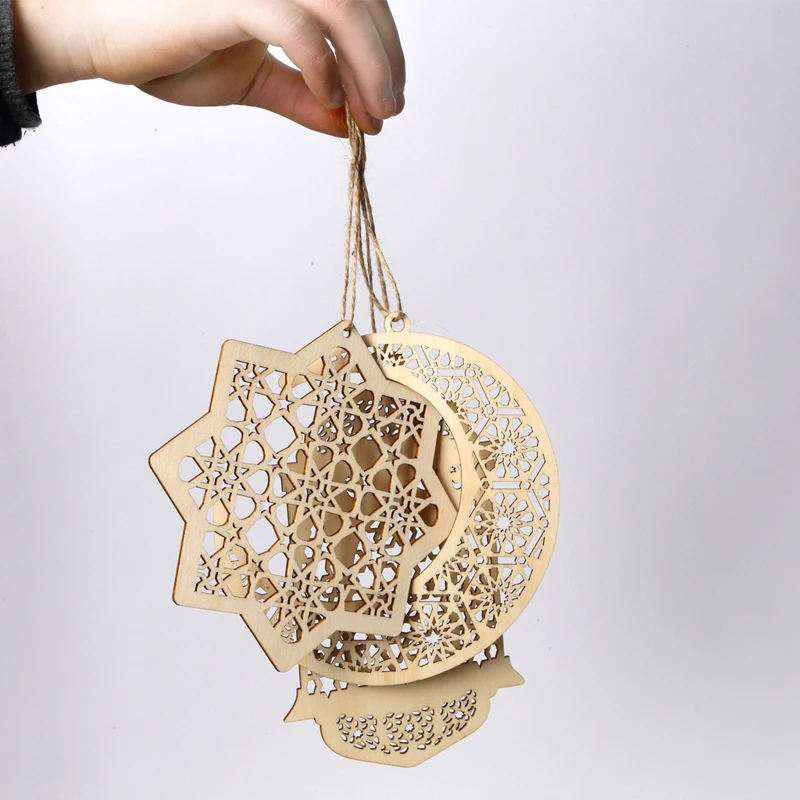 3pcs ramadan pendant give ropes moon star lantern wooden hanging chip ornaments eid mubarak ramadan kareem decoration home gifts