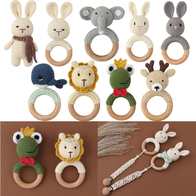 BPA Free DIY Crochet Cartoon Baby Teether Wooden Baby Rattle Toys Newborn Teething Rings Stroller Molar Bracelet Educational Toy