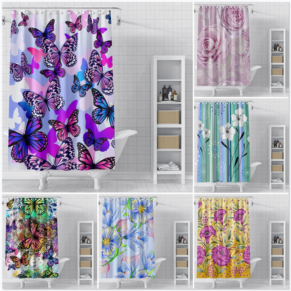 Colorful Butterfly Printing Shower Curtains Pink Flowers Watercolor Polyester Waterproof Bath Screen Bathroom Decor With Hooks