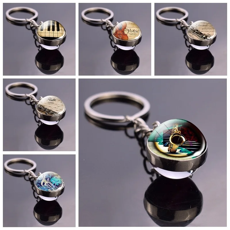 Saxophone Piano Glass Ball Key Chains Clarinet Flute Violin Music Metal Keyring Musical Instruments Jewelry Christmas Gift