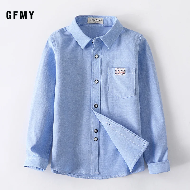 Gfmy 2020 Nieuwe Lente Herfst Oxford Textiel Volledige Mouw Effen Kleur Blauw Jongens Wit Shirt 3T-14T kid Casual School Kleding 801